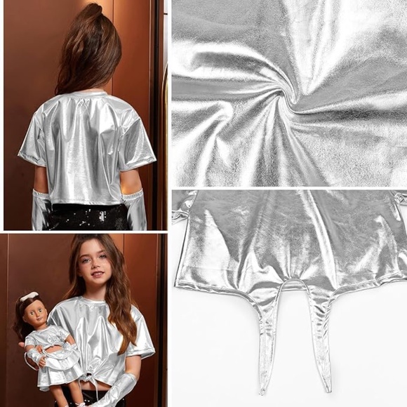 Girls Metallic Shiny Tie Front Knot Crop Top W/Arm Sleeves for Dancing, 12-13 yr - Picture 4 of 11